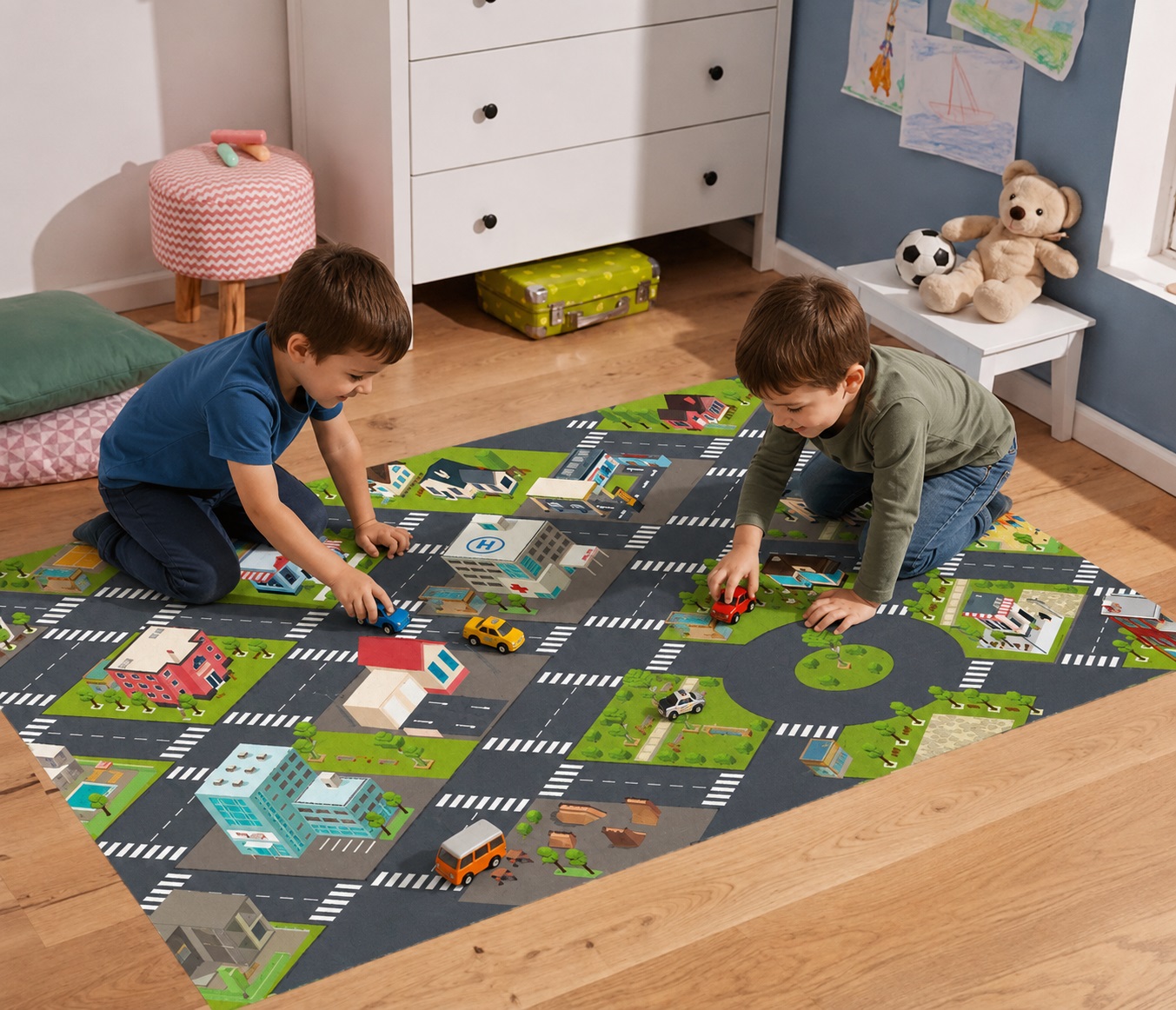 Niños jugando sobre lona vinílica didáctica pista de carreras